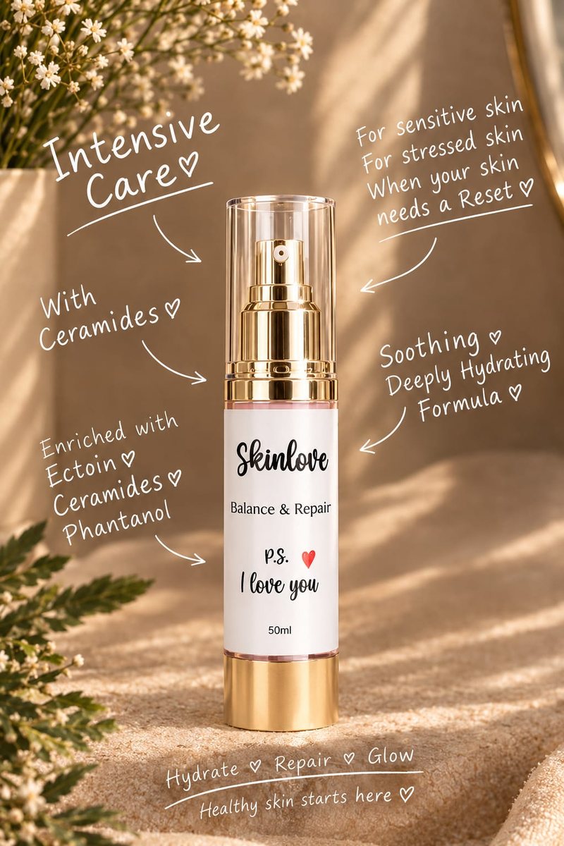 Skinlove Balance & Repair in gouden pompflacon met zwart-wit etiket en rood hartje